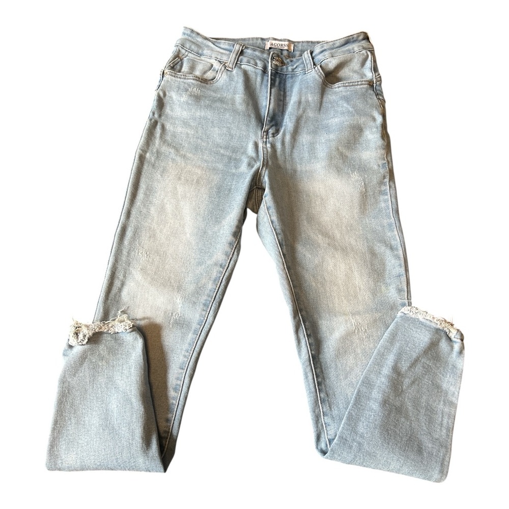 AGORSS Collection Women Juniors Distressed Raw Hem Light Blue Denim Jeans Sz 11